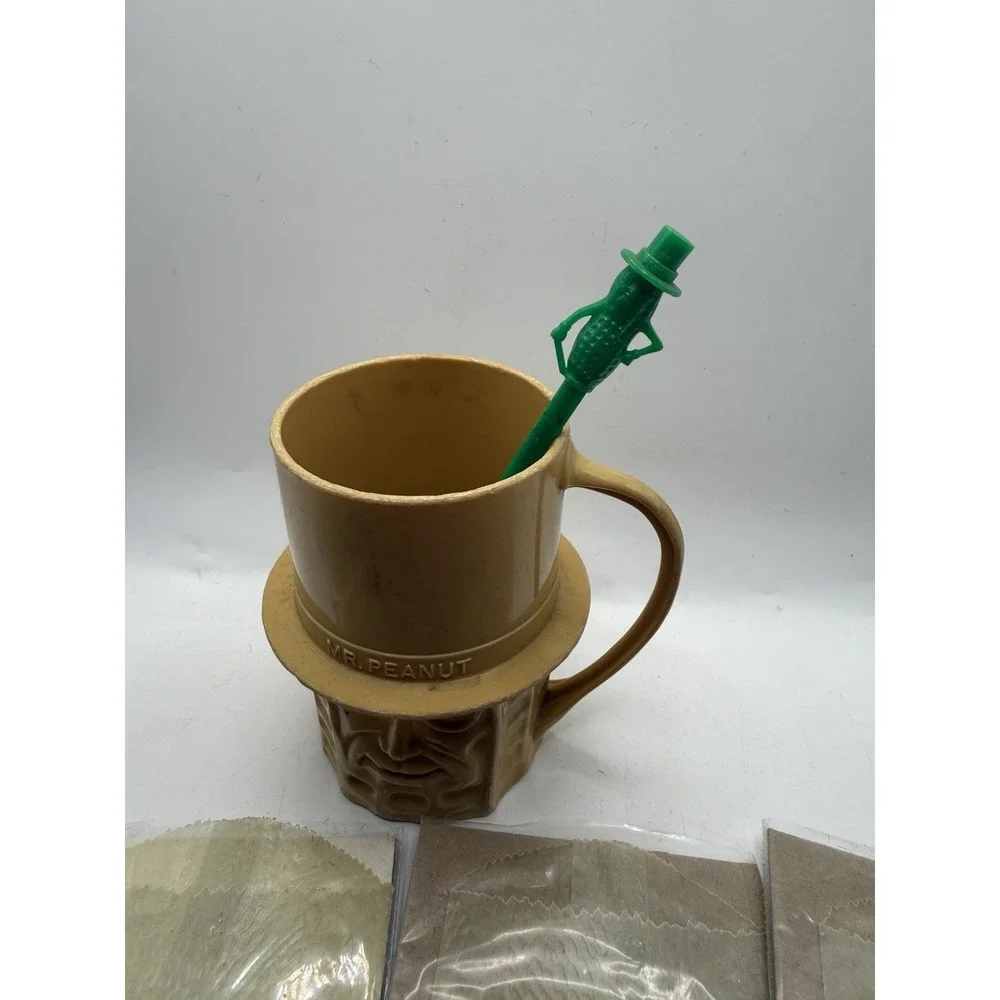 (4) Vintage Planters Mr Peanut Wax Bags Lot 1930s-50s (NOS) + Cup & Stirrer